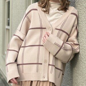 Oak + Fort Oversized Plaid Cardigan, Tan/Beige – Size S